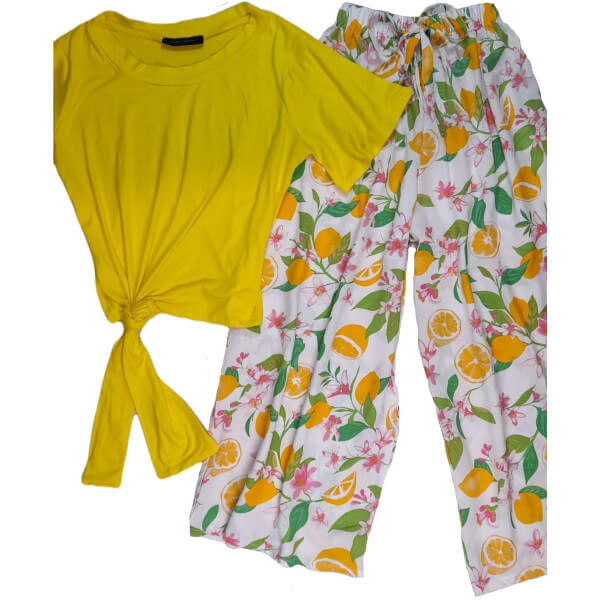 Blouse With Tie And Printed Pants Set